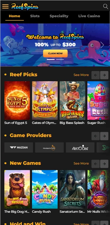 ReefSpins lobby in a mobile browser