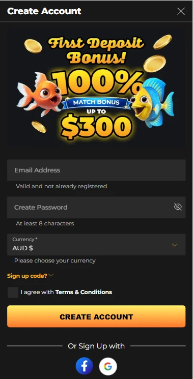 ReefSpins sign up panel on a phone screen